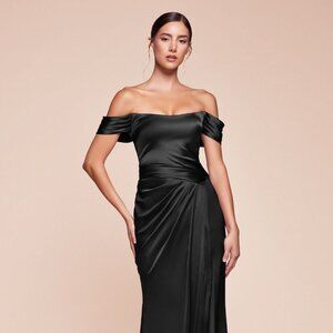 NEW FORMAL OFF SHOULDER LONG SHEATH SATIN GOWN W/ LACE UP CORSET BACK CD 7452